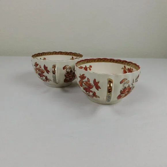 Lot of 2 Spode Indian Tree Tea Cup Saucer Set Scalloped Orange Old Backstamp Vtg - Picture 7 of 12